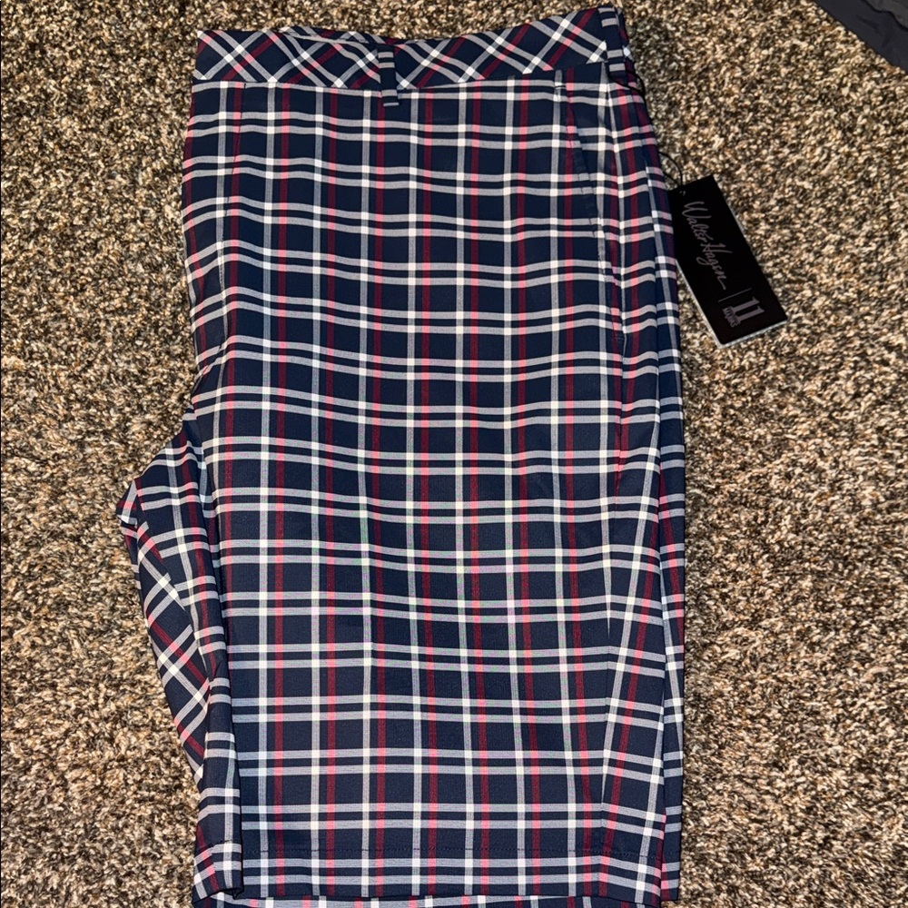 Walter Hagen Navy Plaid Flat Front Shorts with Red and White Accents